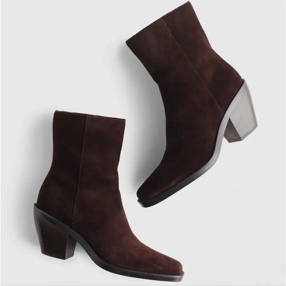 Madewell The Idris Coffee Bean Brown Suede Ankle Booties Side Zip Block Heel 9.5